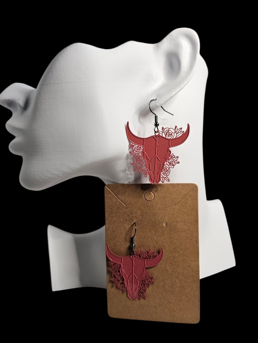 Floral Bull Skull Pink Dangle Earrings - NWOT